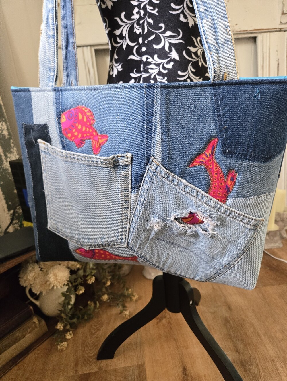 Denim Patchwork Tote Bag with Bright Blue Lining - Picture 3 of 7